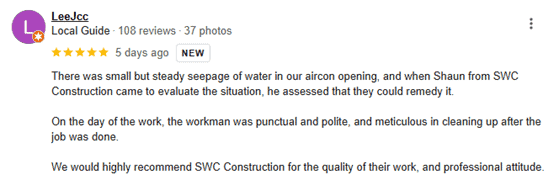 Waterproofing Testimonial in Singapore